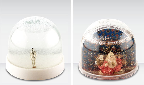 Anthony Gormley and kitch Buddha snow globes.